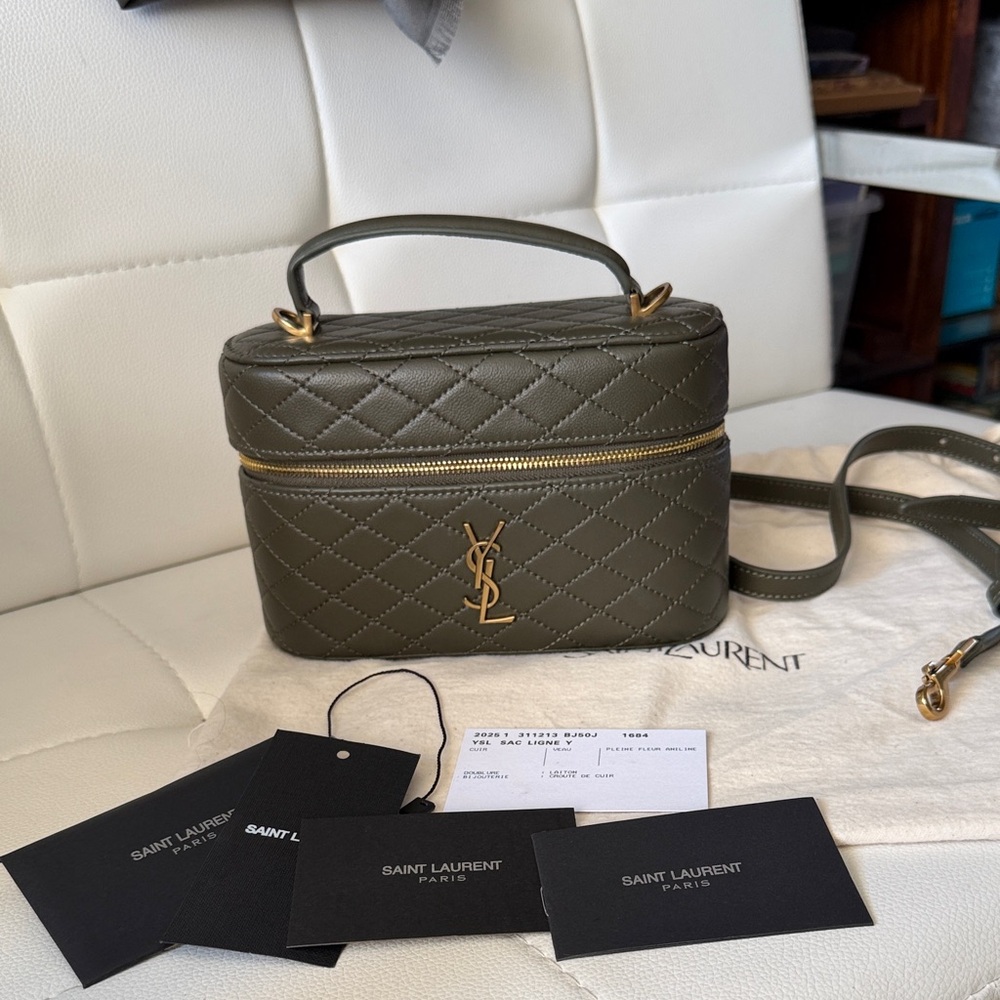 Saint Laurent Olive Quilted Leather Vanity Crossbody with Gold Hardware